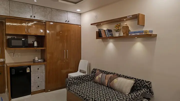 Wide view of the studio with wardrobe, kitchenette and sofa bed